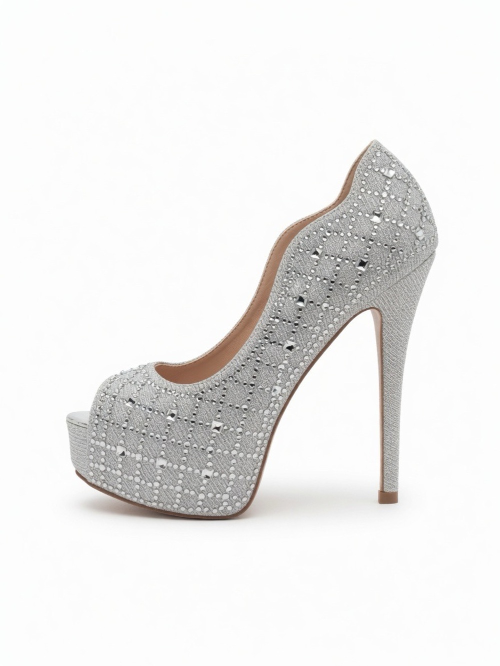 Silver Crystal Embellished Peep-Toe Platform Pump